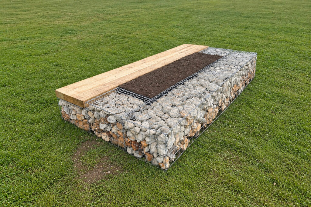 stone gabion and wood biodiversity benches connecting people with nature