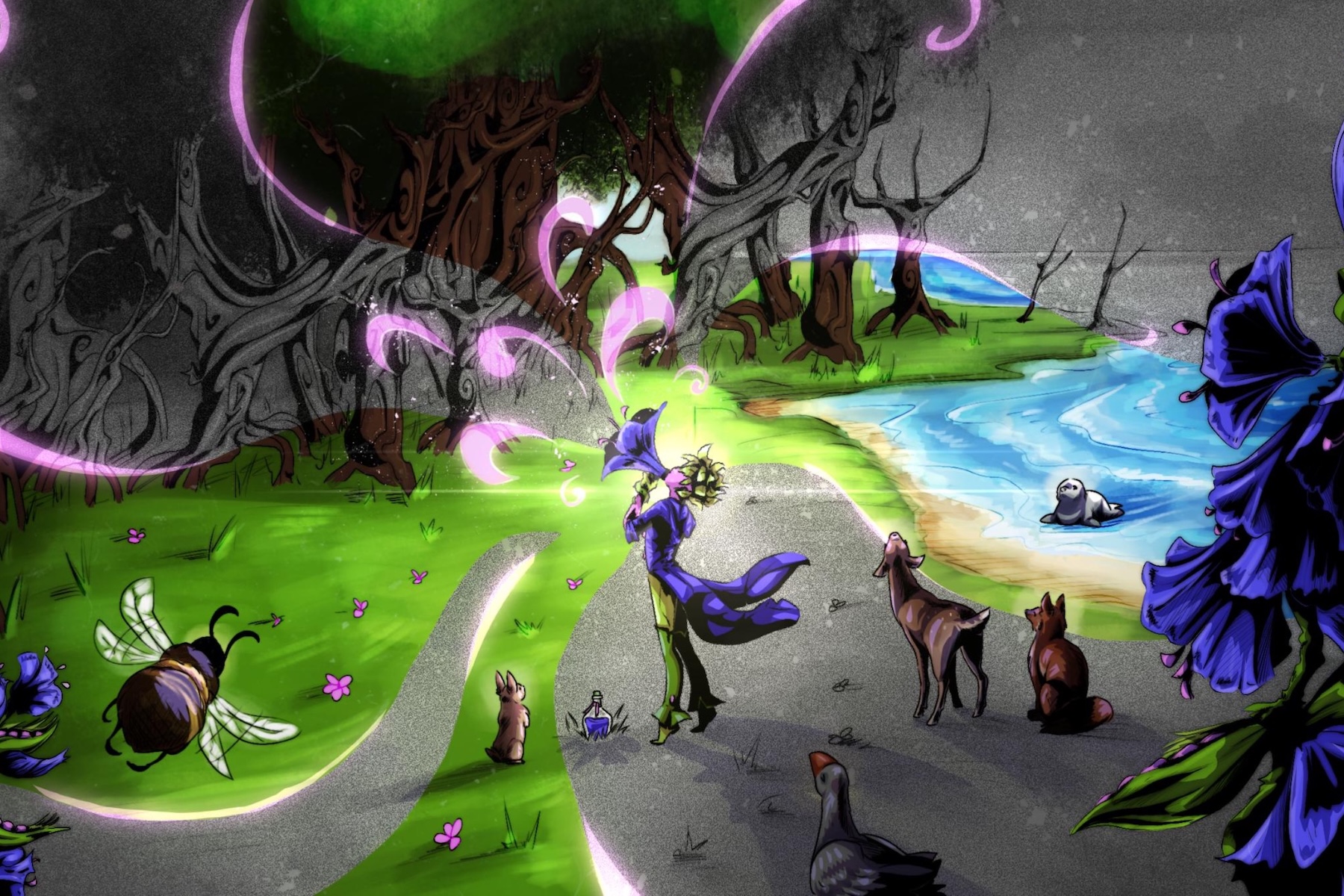 A Wilder Coast Collective wizard restores colour to a Norfolk Coast forest, animals by the stream.